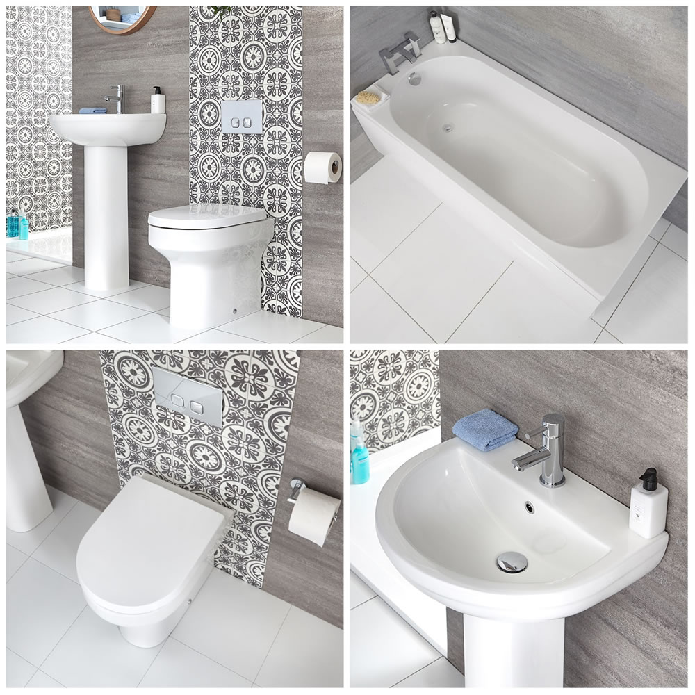 Conjunto para Cuarto de Baño Moderno Completo Inodoro Adosado, Lavabo con Pedestal y Bañera - Covelly