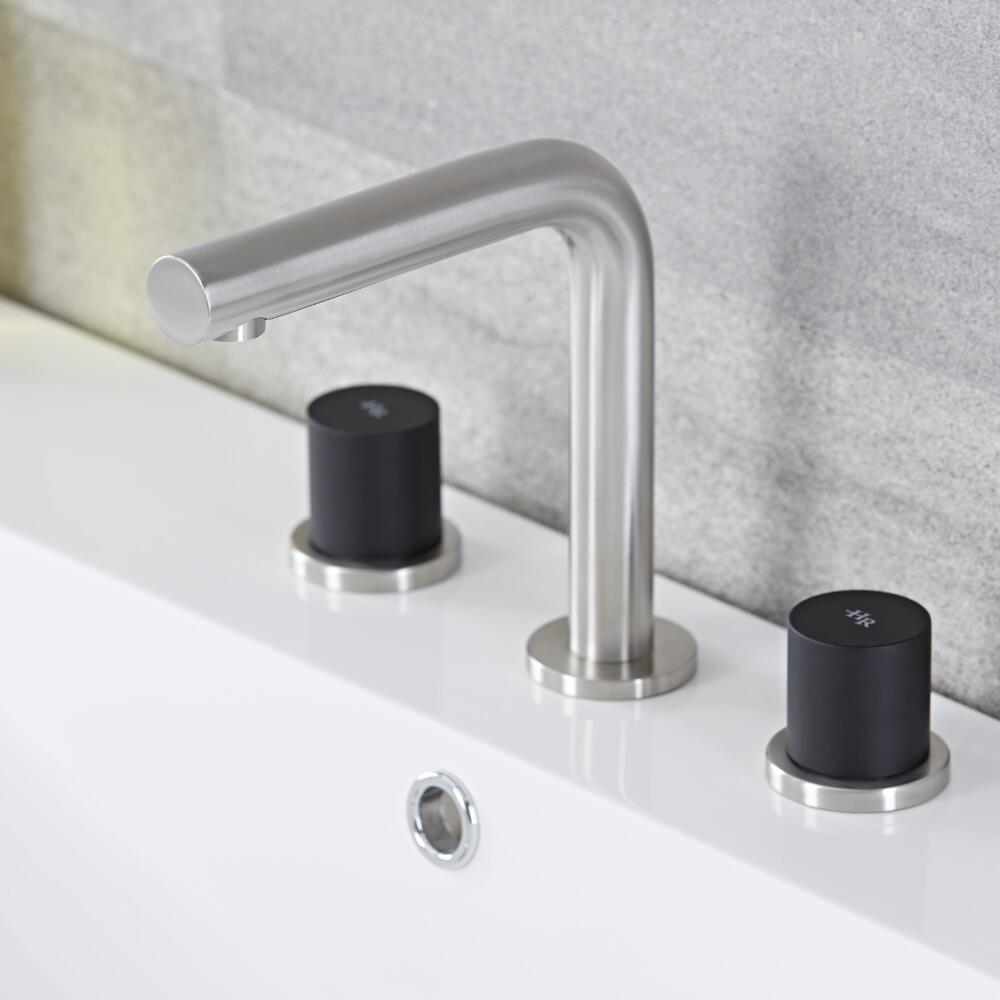 Batería de Lavabo de 3 Agujeros en Acero Inoxidable con Manijas de Color Negro - Bomere