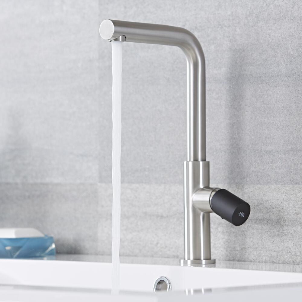 Mezclador de Cocina o Lavabo Monoforo Realizado en Acero Inoxidable con Pomo Negro - Bomere