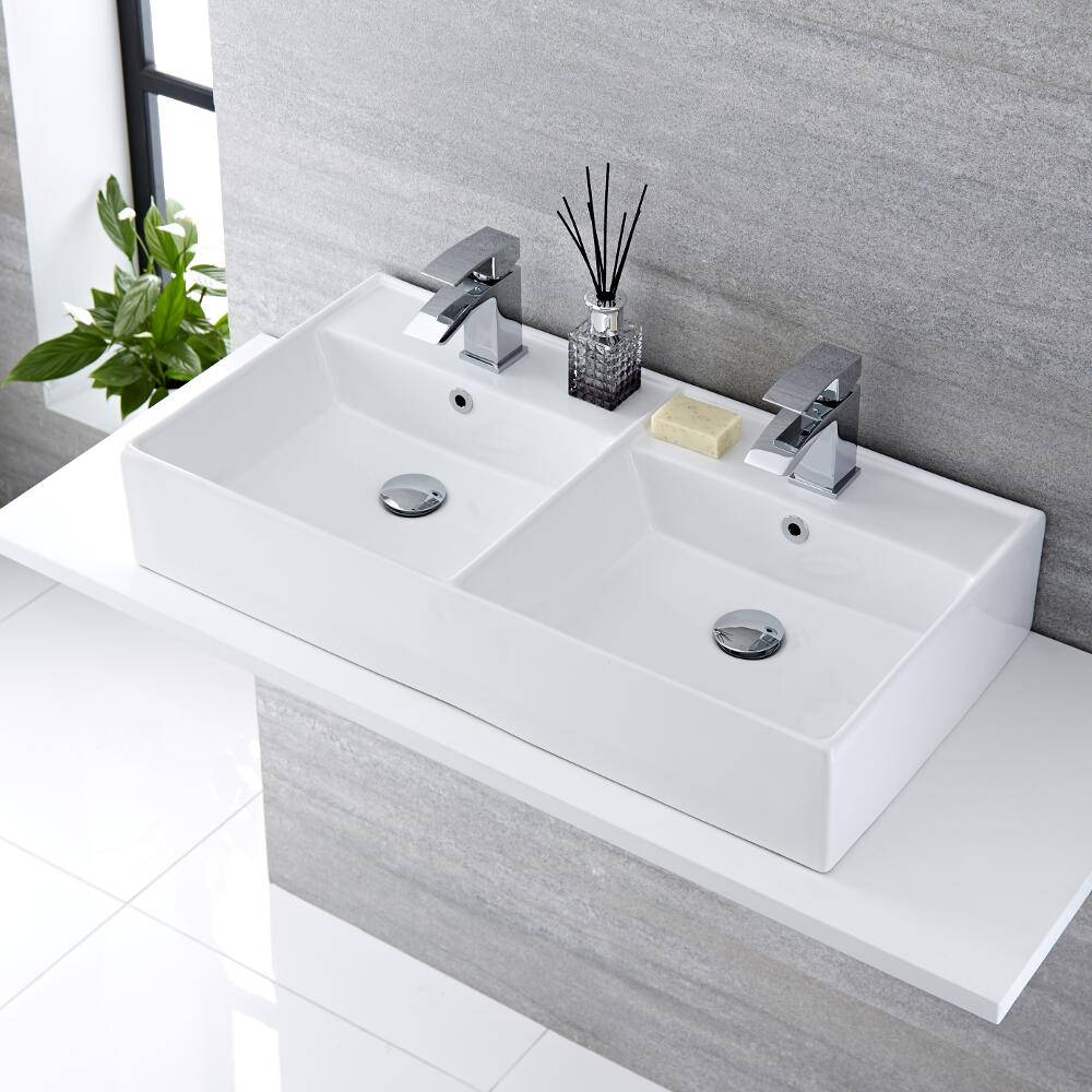 Lavabo Suspendido Sobre Encimera Rectangular de Cerámica 820x420mm con Grifo Mezclador - Halwell