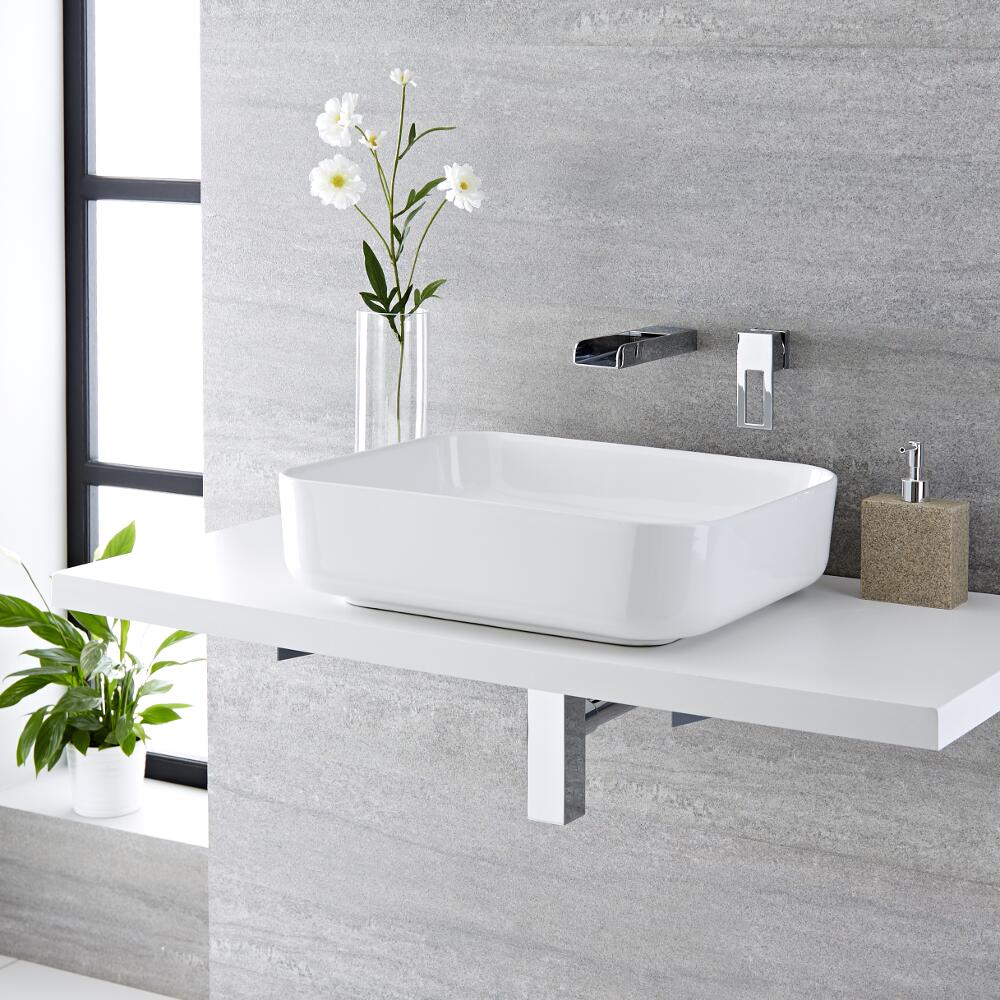 Lavabo Sobre Encimera Rectangular de Cerámica 500x390mm con Mezclador con Caño Abierto Efecto Cascada - Milton