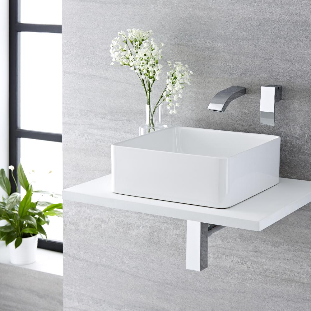 Lavabo Sobre Encimera Cuadrado de Cerámica 360x360mm con Mezclador de Lavabo Mural - Alswear