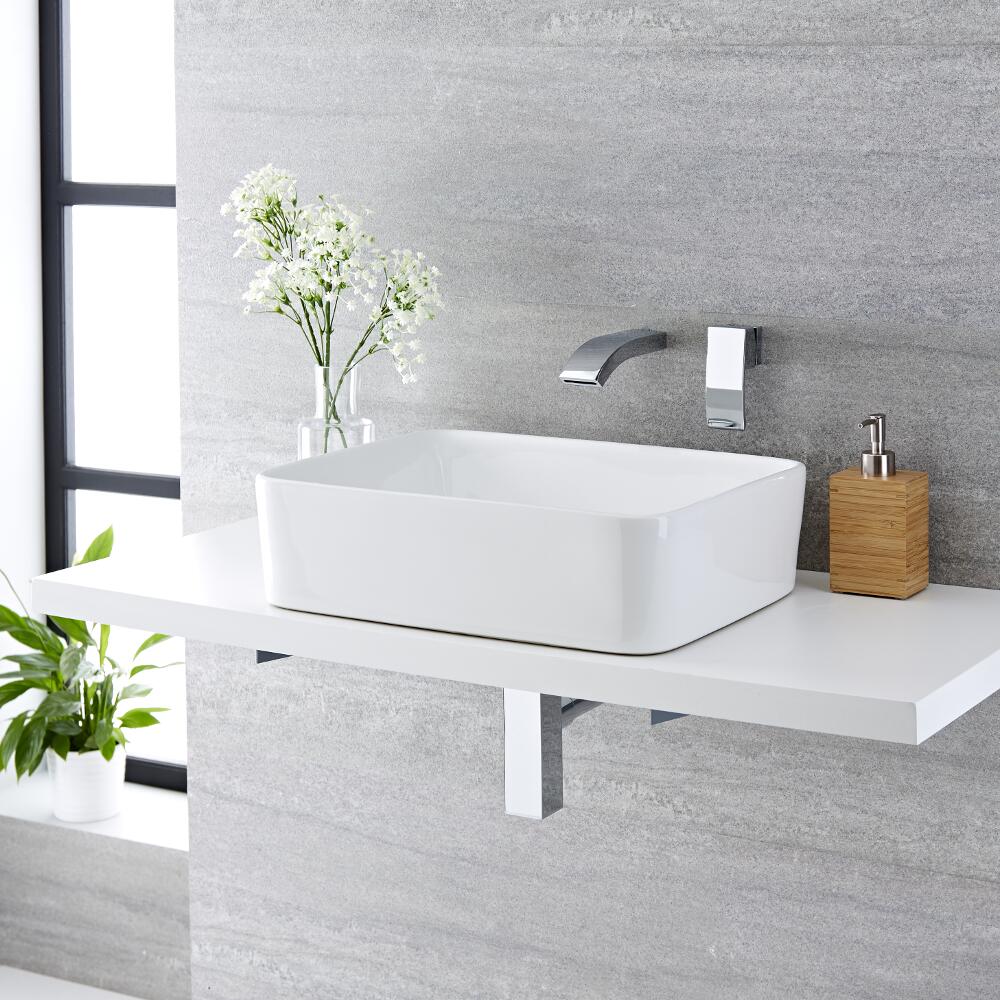 Lavabo Sobre Encimera Rectangular de Cerámica 480x370mm con Mezclador de Lavabo Mural - Alswear