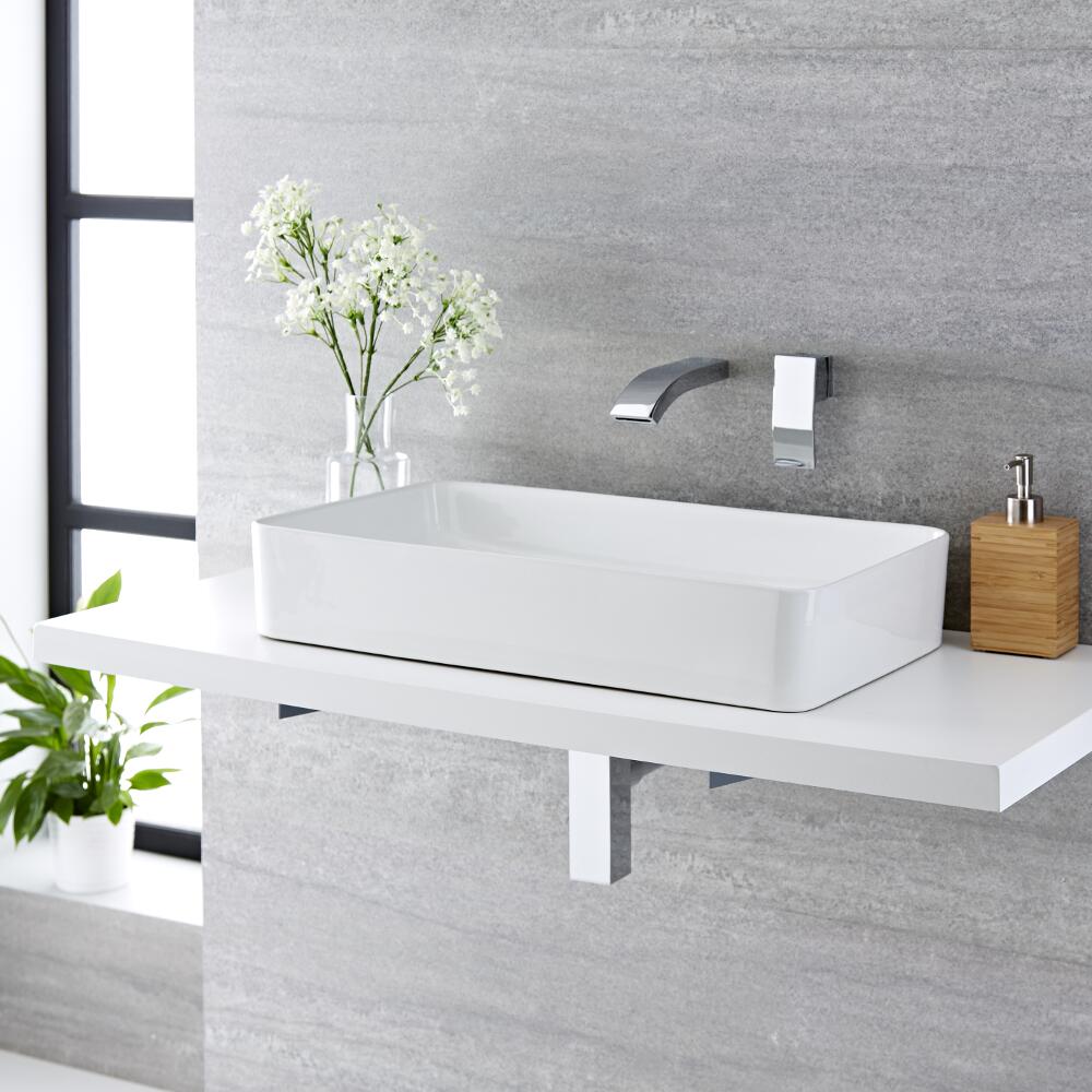Lavabo Sobre Encimera Rectangular de Cerámica 610x350mm con Mezclador de Lavabo Mural - Alswear