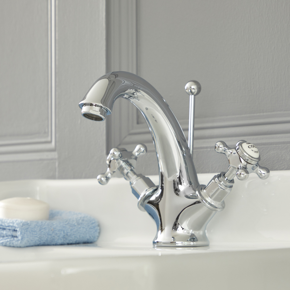 Grifo Mezclador para Lavabo Monoforo Tradicional Cromado y Blanco con Manijas en Cruceta - Elizabeth