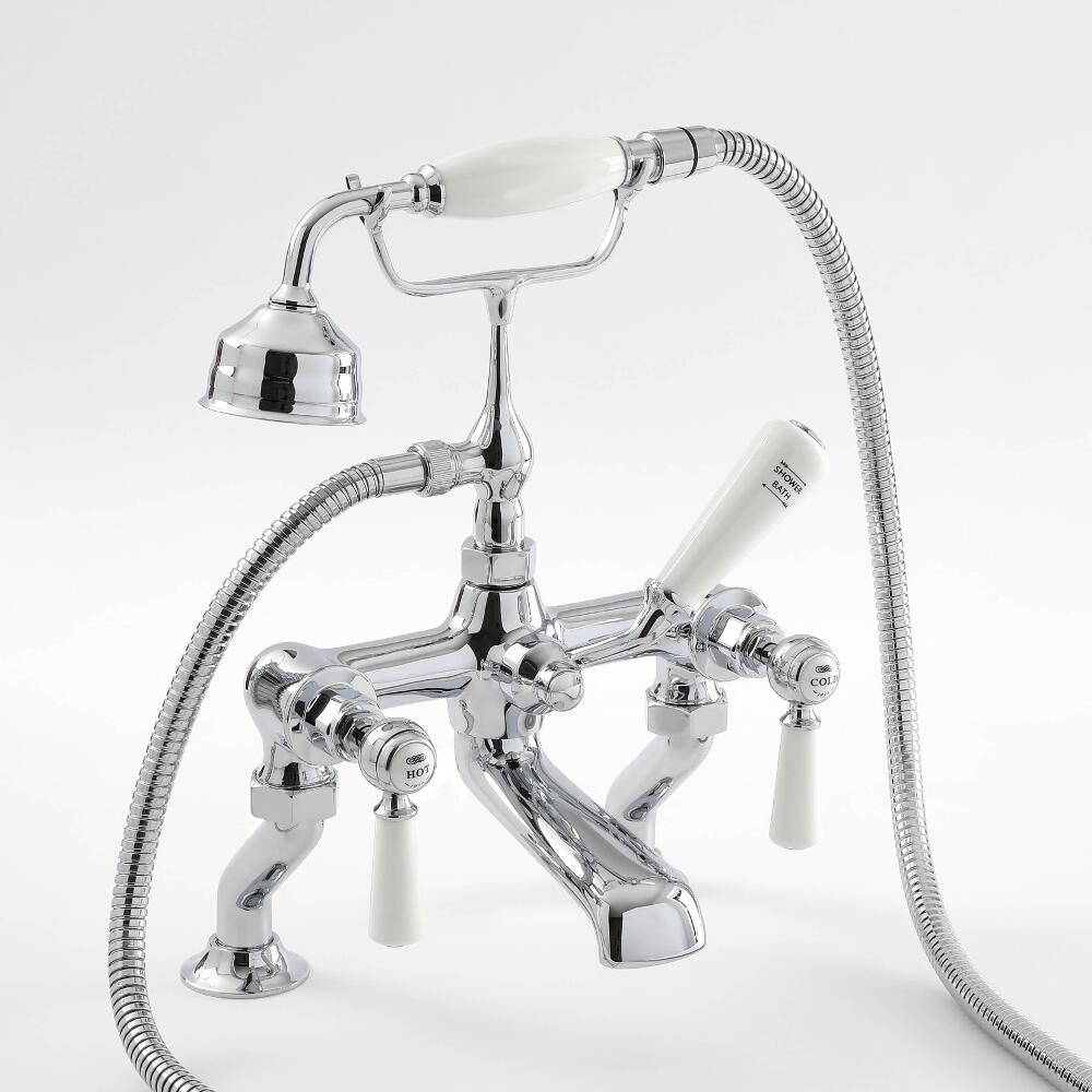 Grifo Mezclador para Bañera Estilo Tradicional Color Cromado y Blanco con Manijas a Palanca - ElizabethDECK