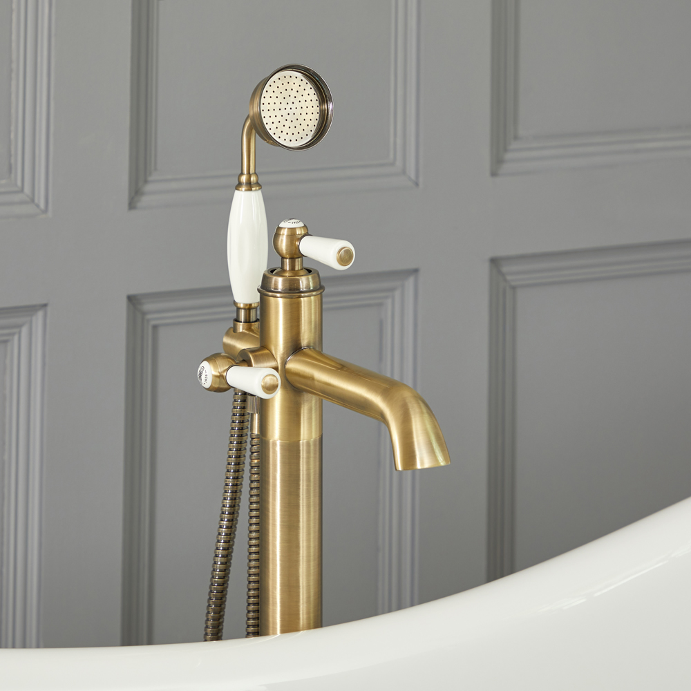 Grifo Mezclador Autoportante con Telefonillo para Bañera Estilo Tradicional Efecto Oro Cepillado - Elizabeth