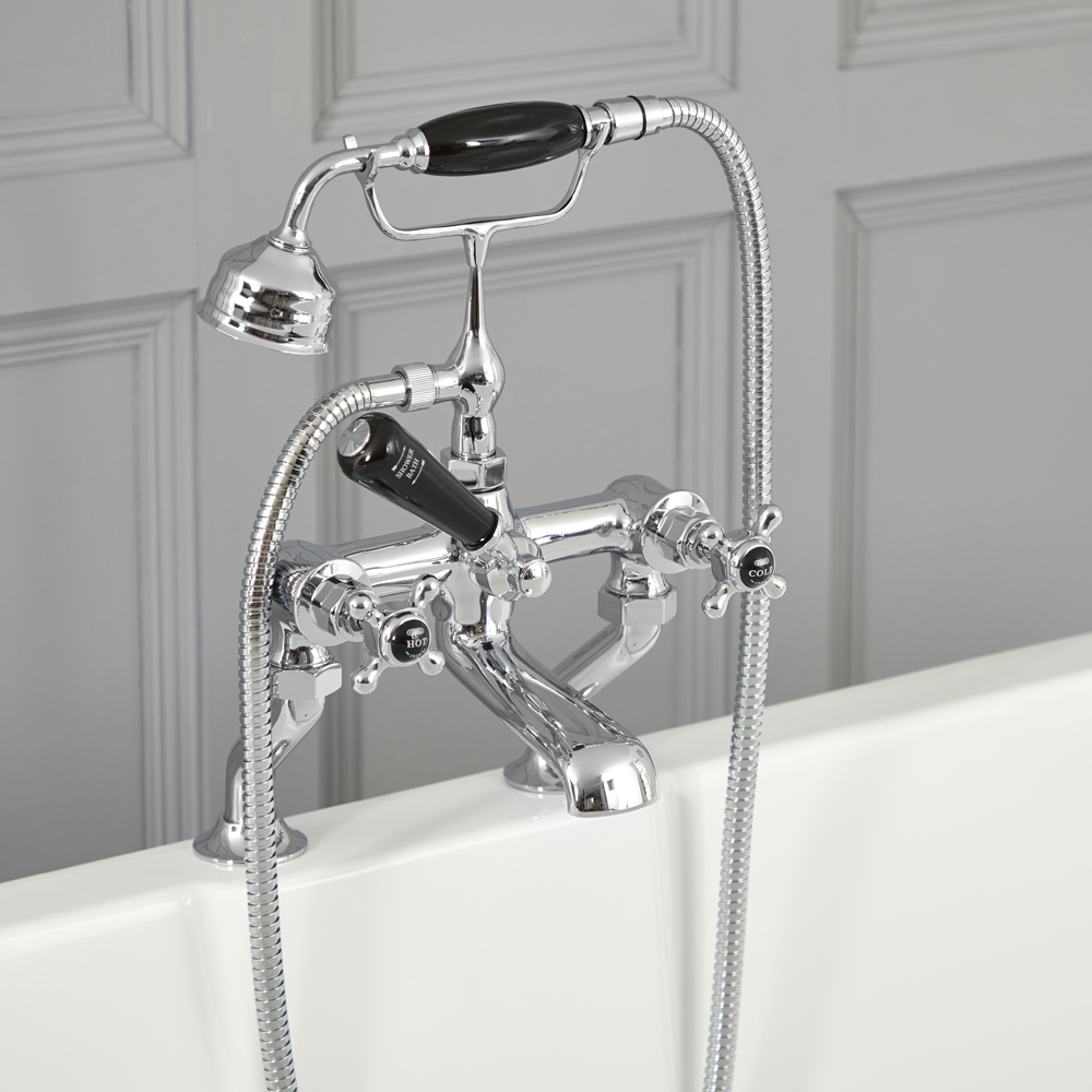 Grifo Mezclador para Bañera Estilo Tradicional Color Cromado y Negro con Manijas en Cruceta - Elizabeth