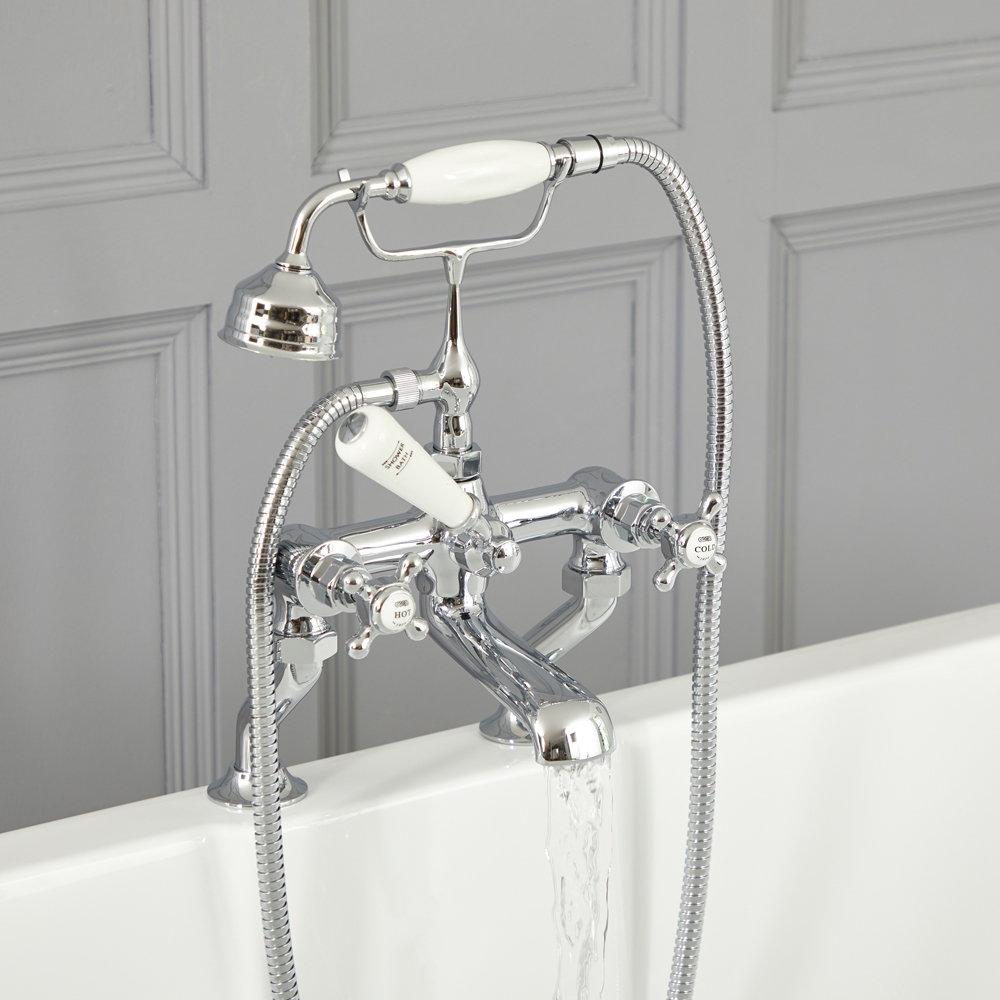 Grifo Mezclador para Bañera con Telefonillo Diseño Tradicional con Manijas en Cruceta Disponible en Distintos Acabados - Elizabeth