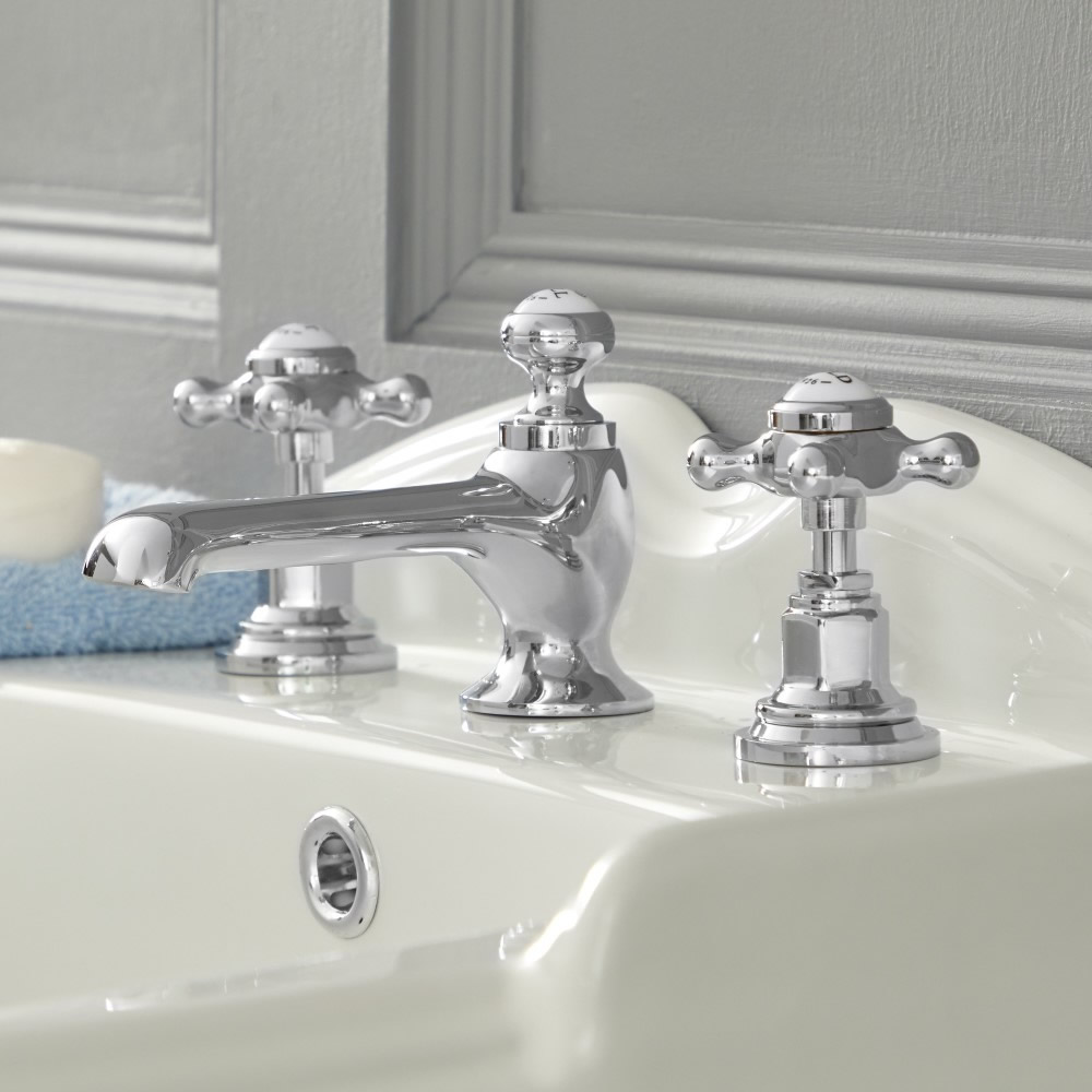 Grifo Mezclador para Lavabo de 3 Agujeros Estilo Tradicional Color Cromado y Blanco Manijas en Cruceta - Elizabeth