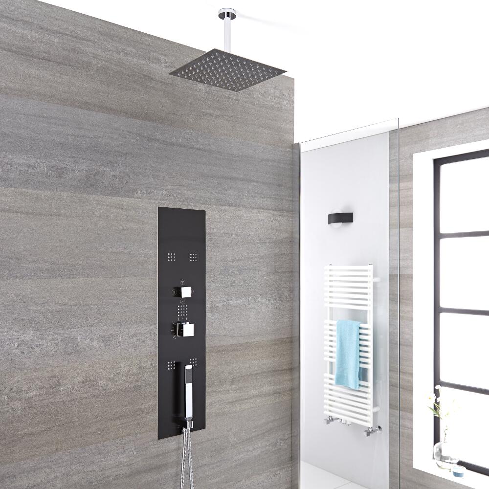 Panel de Ducha Empotrable Hidromasaje Minimalista Negro con Alcachofa de Ducha Fija de 200mm y Brazo de Ducha de Techo - Llis