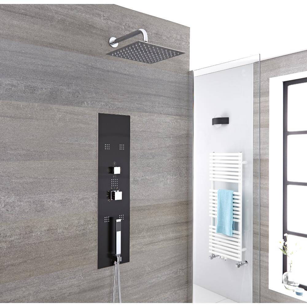 Panel de Ducha Empotrable Hidromasaje Minimalista Negro con Alcachofa de Ducha Fija de 300mm con Brazo de Ducha Mural - Llis