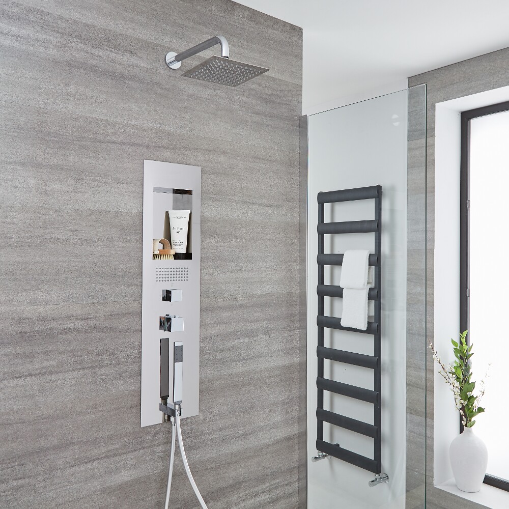 Panel de Ducha Empotrable Hidromasaje de Acero Inoxidable Cromado con Alcachofa de Ducha Cuadrada de 200mm y Brazo de Pared - Llis