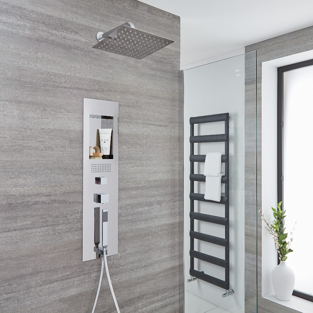 Panel de Ducha Empotrable Hidromasaje de Acero Inoxidable Cromado con Alcachofa de Ducha Cuadrada de 300mm y Brazo de Pared - Llis