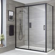 Puerta de Ducha Corredera Angular con Perfilería Negra Nox con Plato de Ducha - Disponible en Distintas Medidas