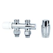 Llaves Rectas Cromadas para Radiador y Toallero con Cabezal Termostático Cromado y Adaptadores para Tubos de Cobre 15mm - Multiblock H