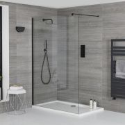 Mampara para Ducha de Obra Nox Completo con Plato de Ducha Blanco Plano con Perfilería Negra - Disponible en Distintas Medidas