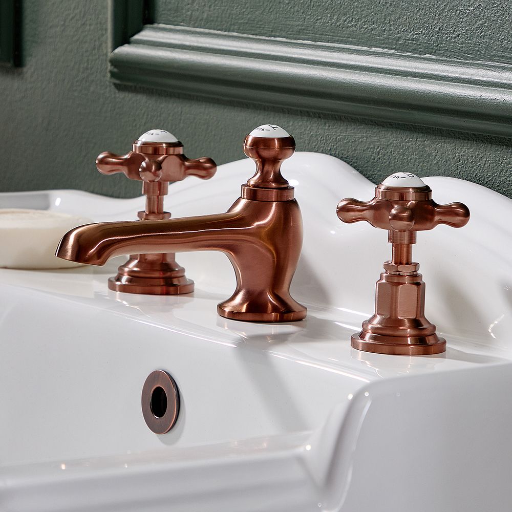 Grifo Mezclador de Lavabo de 3 Agujeros con Manijas en Cruceta Color Cobre Satinado Elizabeth