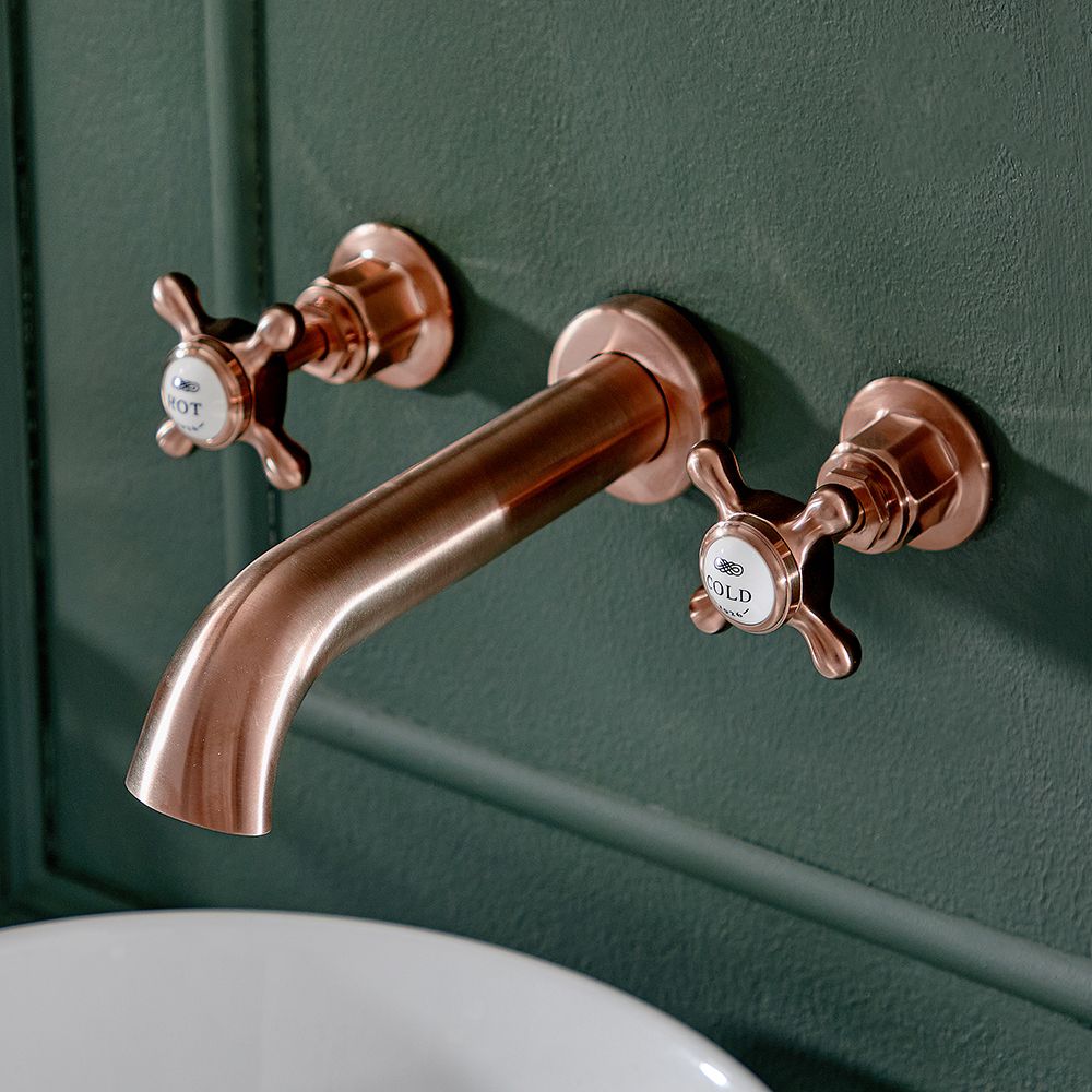 Grifo Mezclador de Lavabo Mural Tradicional de 3 Agujeros con Manija en Cruceta Cobre Satinado Elizabeth