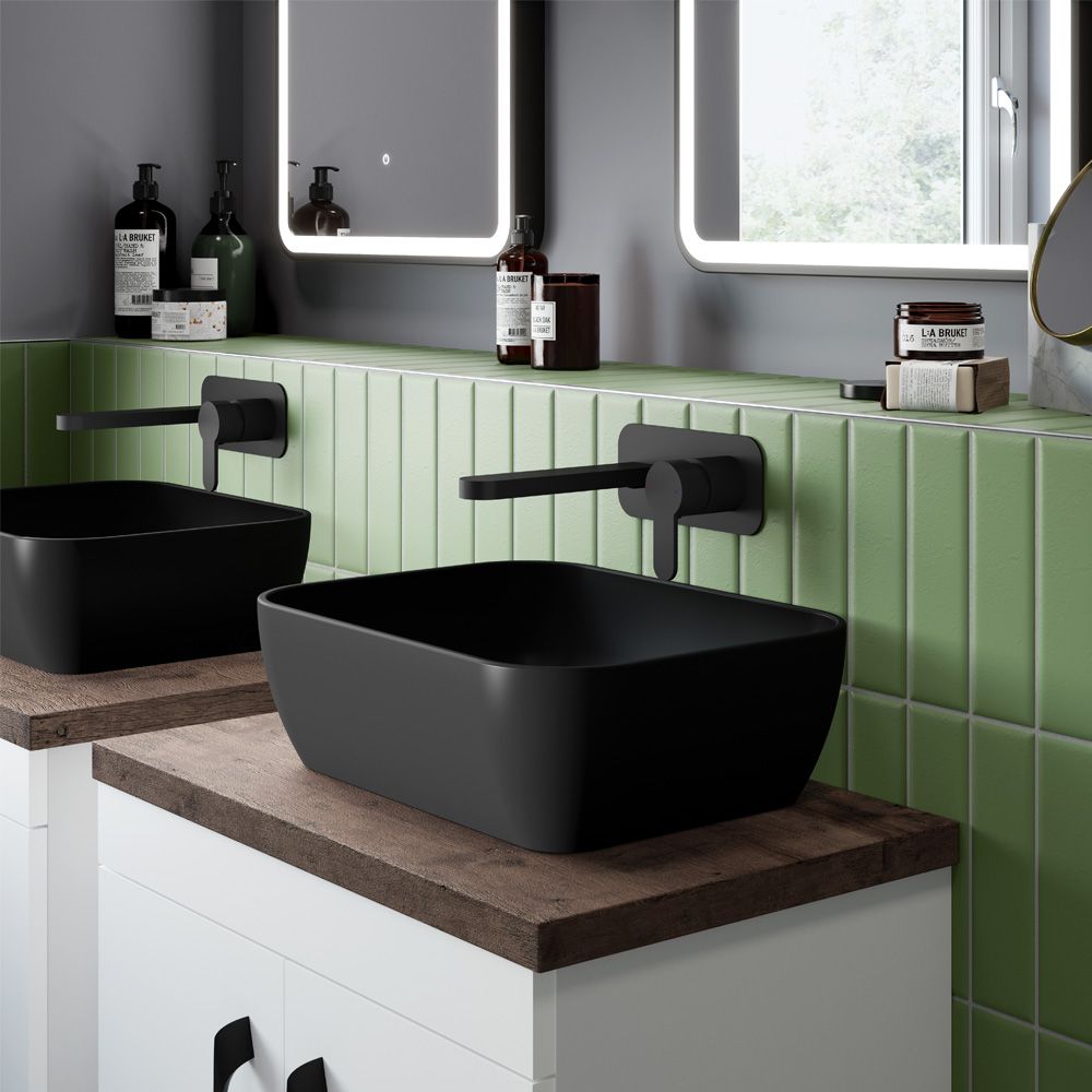 tipos de grifos para tu baño. Lavabo Sobre Encimera - Negro Opaco Moderno Cuadrado - 455mm x 325mm (Sin Agujeros para la Grifería)