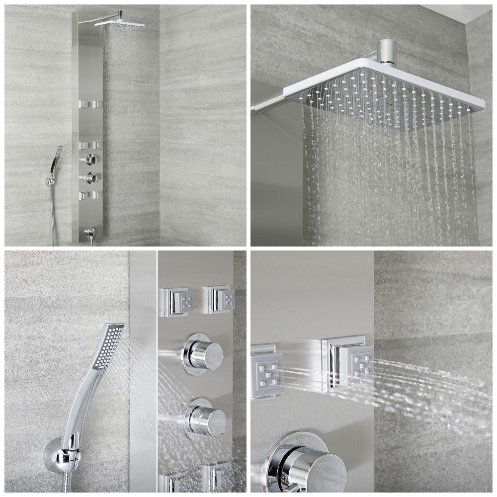 Columna Ducha Sin Grifo Sistema De Ducha VEVOR Panel Torre Y Cabezal Cascada - Acero Inoxidable, 5 Funciones, 2 Chorros Corporales, Plata 1345x200x460 Mm Duchas De Baño
