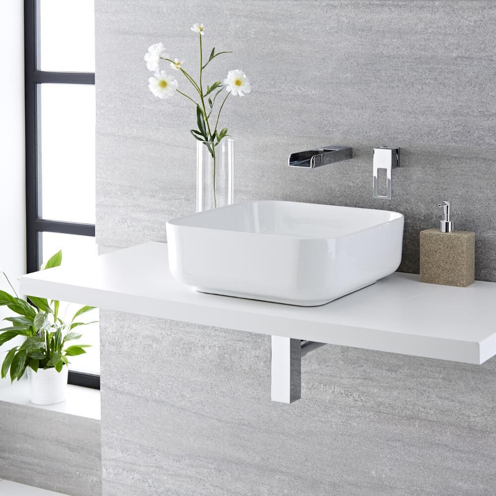Lavabo Sobre Encimera Cuadrado de Ceramica 400mm x400mm con Grifo Mezclador a Cascada Milton