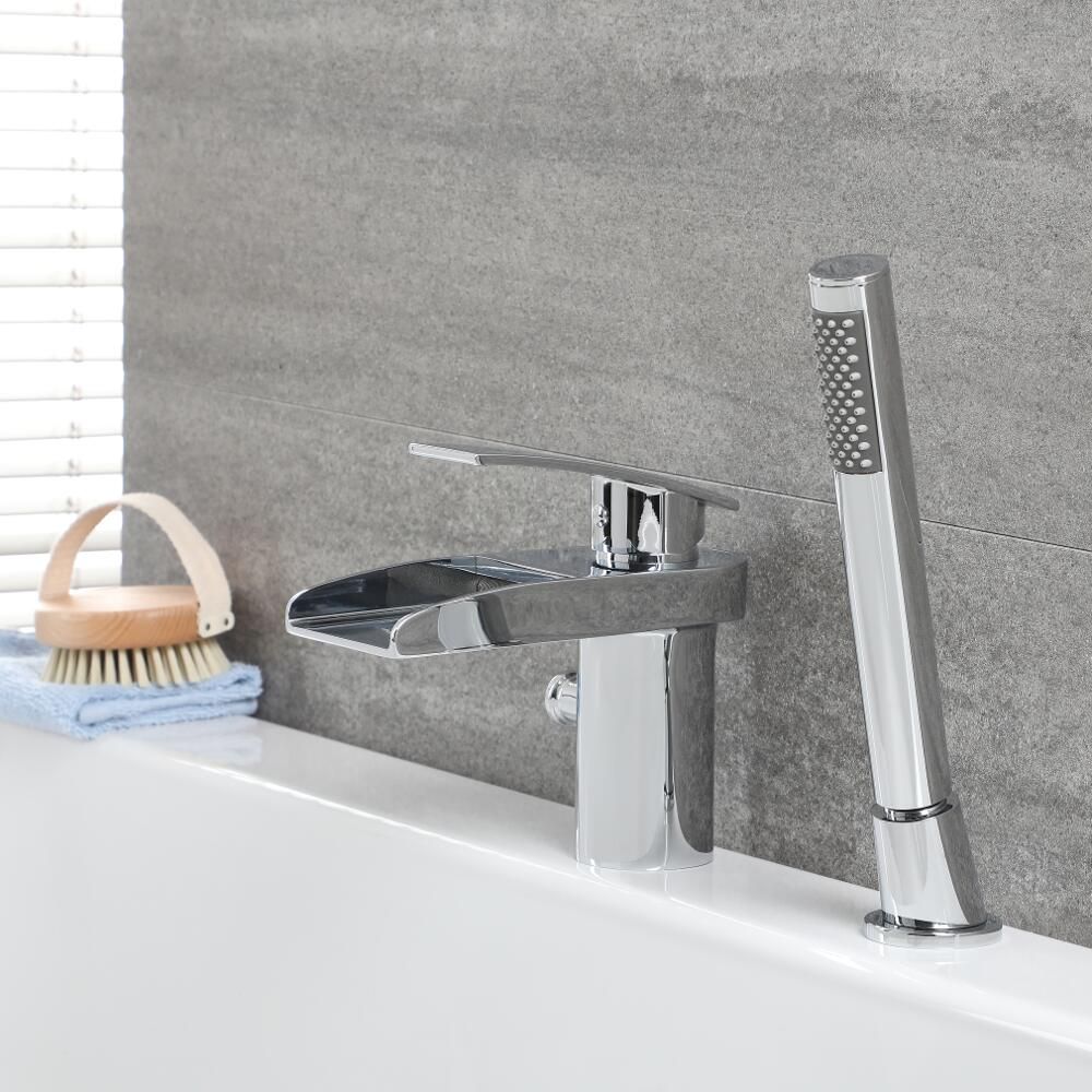 Grifo Mezclador de Lavabo y Banera con Cano Abierto a Cascada con Ducha de Mano
