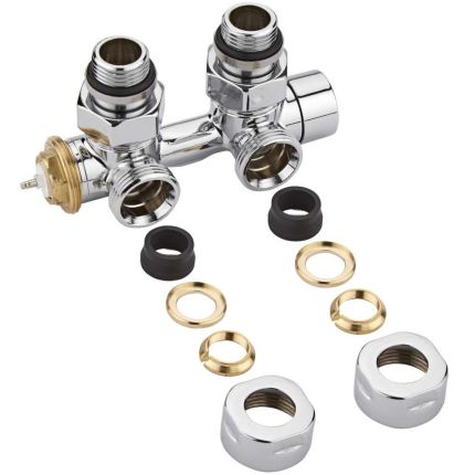 Par de Llaves Termostáticas Angulares Cromadas Multiblock H con Adaptador para Conexión Central de Radiadores o Radiadores Toalleros - Cobre 14mm