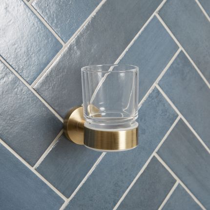Vaso Porta Cepillo de Dientes Moderno en Vidrio Transparente y Soporte Porta Vaso Mural - Latón Antiguo - Alama