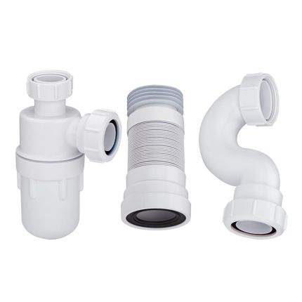Conjunto con Sifón de Botella para Lavabo con Pedestal, Sifón para Bañera Estándar y Manguito Conector para WC Adosado  - Cranplas