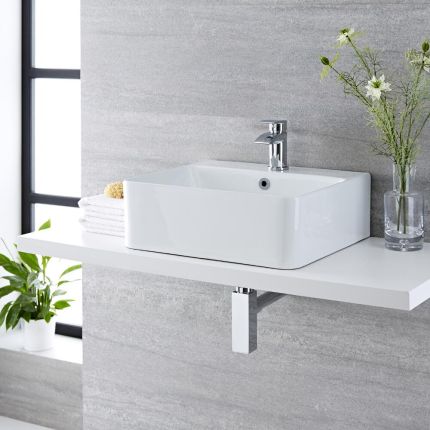 Lavabo Sobre Encimera Suspendido Rectangular de Cerámica 460x420mm con Grifo Mezclador de Lavabo Monoforo - Exton