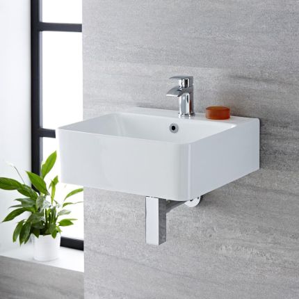 Lavabo Rectangular Suspendido en Blanco (1 Agujero para la Grifería) con Rebosadero Cromado -  460mm x 420mm - Exton