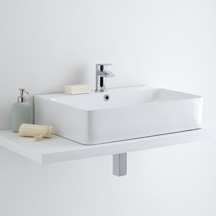 Lavabo Rectangular Sobre Encimera en Blanco (1 Agujero para la Grifería) con Rebosadero Cromado -  600mm x 420mm - Exton