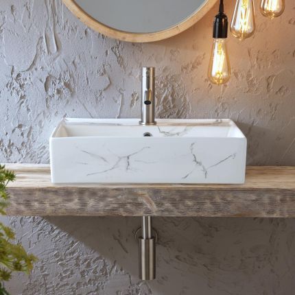 Lavabo Sobre Encimera Rectangular con Efecto Mármol - Blanco - 500mm x 350mm (1 Agujero para la Grifería) - Sandford