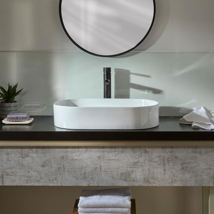 Lavabo de Sobre Encimera Moderno Oval Blanco - 600mm x 380mm (Sin Agujeros para la Grifería) - Ealing