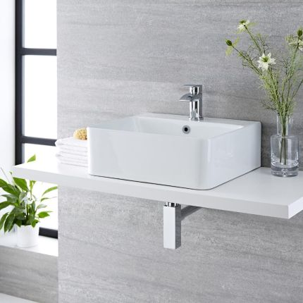 Lavabo Rectangular Sobre Encimera en Blanco (1 Agujero para la Grifería) -  Selección de Medidas y de Acabados del Rebosadero - Exton