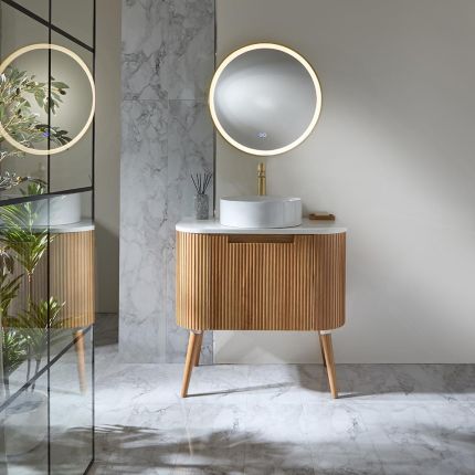 Mueble de Lavabo Curvo - Acanalado - Color Roble - Disponible en Distintas Medidas y Selección de Lavabos - Chalton