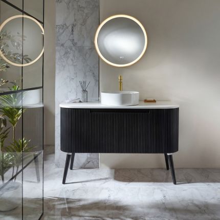 Mueble de Lavabo Suspendido Curvo Acanalado - Efecto Madera Roble - Disponible en Distintas Medidas y Selección de Lavabos - Chalton
