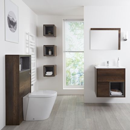Conjunto de Baño con Diseño Abierto de Color Roble Oscuro Completo con Mueble Para Lavabo de 600mm, Mueble de Pared, Espejo, Lavabo, WC y Cisterna - Hoxton