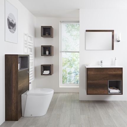 Conjunto de Baño con Diseño Abierto de Color Roble Oscuro Completo con Mueble Para Lavabo de 800mm, Mueble de Pared, Espejo, Lavabo, WC y Cisterna - Hoxton