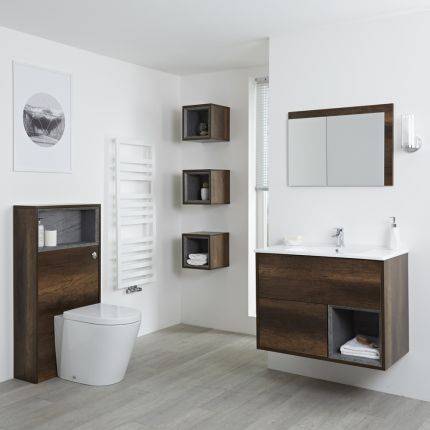 Conjunto de Baño con Diseño Abierto de Color Roble Oscuro Completo con Mueble Para Lavabo de 800mm, Mueble de Pared, Espejo, Lavabo, WC y Cisterna - Hoxton
