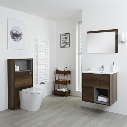 Conjunto de Baño con Diseño Abierto de Color Roble Oscuro Completo con Mueble Para Lavabo de 600mm, Lavabo, WC y Cisterna - Hoxton