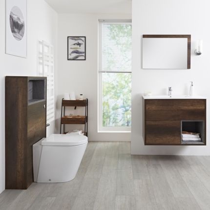 Conjunto de Baño con Diseño Abierto de Color Roble Oscuro Completo con Mueble Para Lavabo de 800mm, Lavabo, WC y Cisterna - Hoxton
