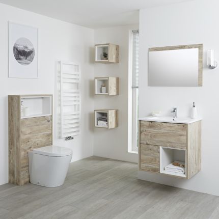 Conjunto de Baño con Diseño Abierto de Color Roble Claro Completo con Mueble Para Lavabo de 600mm, Mueble de Pared, Espejo, Lavabo, WC y Cisterna - Hoxton