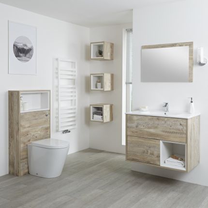 Conjunto de Baño con Diseño Abierto de Color Roble Claro Completo con Mueble Para Lavabo de 800mm, Mueble de Pared, Espejo, Lavabo, WC y Cisterna - Hoxton