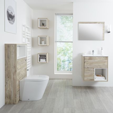 Conjunto de Baño con Diseño Abierto de Color Roble Claro Completo con Mueble Para Lavabo de 600mm, Lavabo, WC y Cisterna - Hoxton