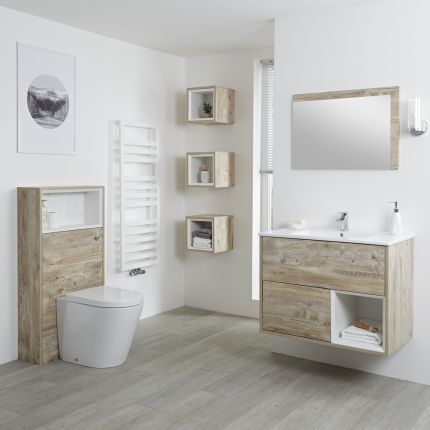 Conjunto de Baño con Diseño Abierto de Color Roble Claro Completo con Mueble Para Lavabo de 800mm, Lavabo, WC y Cisterna - Hoxton