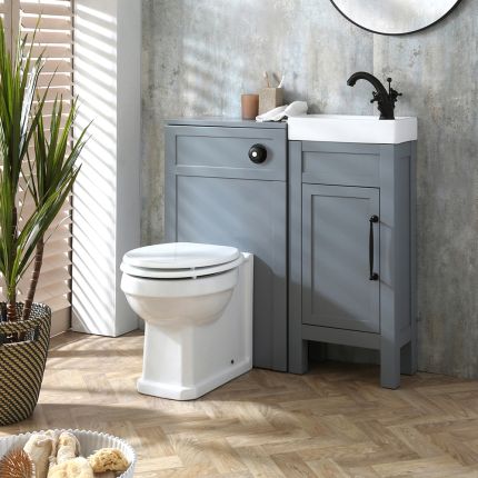 Set de Baño con Mueble de Lavabo Tradicional de Color Gris Claro - 400mm - Completo con Lavabo y Mueble para WC con Inodoro Adosado Richmond - Manijas en Distintas Estilos y Acabados - Warwick
