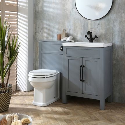 Set de Baño con Mueble de Lavabo de Color Gris Claro - 600mm - Completo con Lavabo y Mueble para WC con Inodoro Adosado Richmond - Manijas en Distintas Estilos y Acabados - Warwick