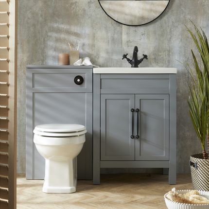 Set de Baño con Mueble de Lavabo de Color Gris Claro - 600mm - Completo con Lavabo y Mueble para WC con Inodoro Adosado Richmond - Manijas en Distintas Estilos y Acabados  - Warwick